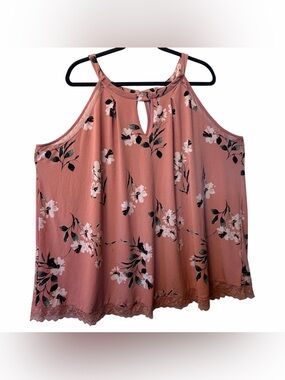 Torrid 4X Dusty Rose Floral High Neck Lace-Hem Tank